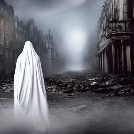 Image similar to ominous bedsheet ghost walking through the center of a destroyed london city, oil painting, gloomy misty atmosphere, symmetrical, full body image, highly ornate intricate details, very sharp photo,
