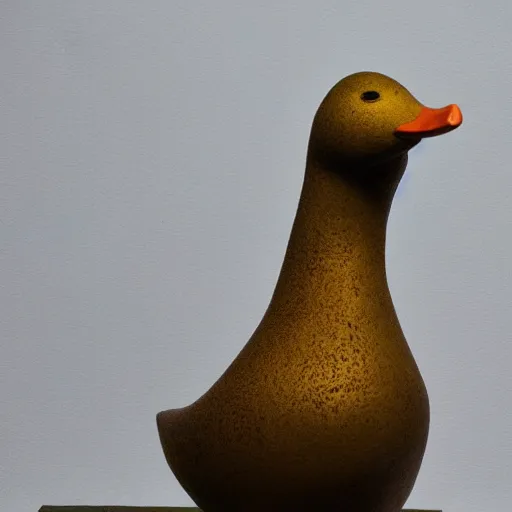 Image similar to a sculpture of duck made of water, a painting in background, studio lighting
