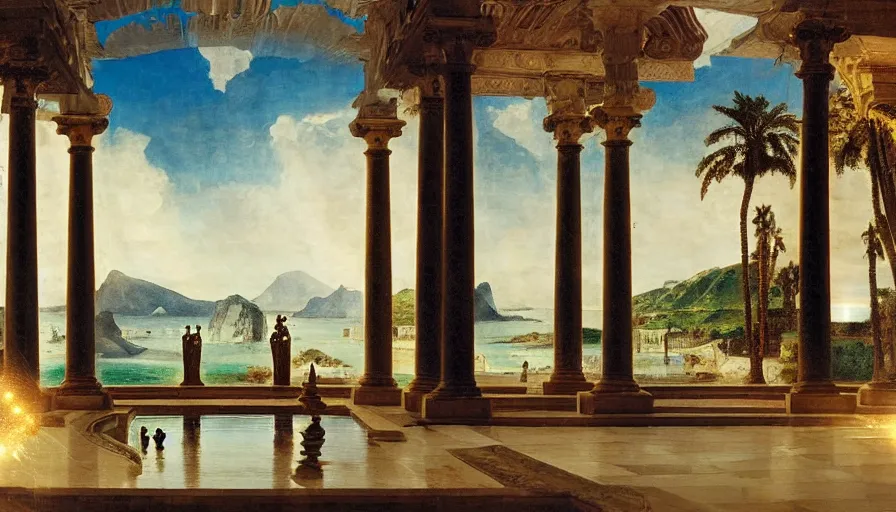 Image similar to Inside the giant Palace, mediterranean balustrade and columns line, refracted sparkles, thunderstorm, greek pool, beach and Tropical vegetation on the background major arcana sky and occult symbols, by paul delaroche, hyperrealistic 4k uhd, award-winning, very detailed paradise