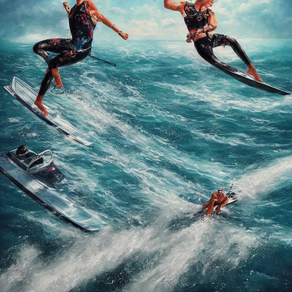 Image similar to a man barefoot waterskiing behind a boat, 8 k, by tristan eaton, stanley artgermm, tom bagshaw, greg rutkowski, carne griffiths, trending on deviantart, hyper detailed, glorious lighting, dramatic lightning