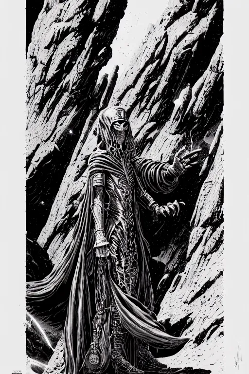 Prompt: side view of a cloaked ancient alchemist steampunk wizard casting a spell, high details, lineart, by vincent di fate and joe fenton,, inking, screen print, masterpiece, trending on artstation, sharp, high contrast, hyper - detailed, hd, 4 k, 8 k