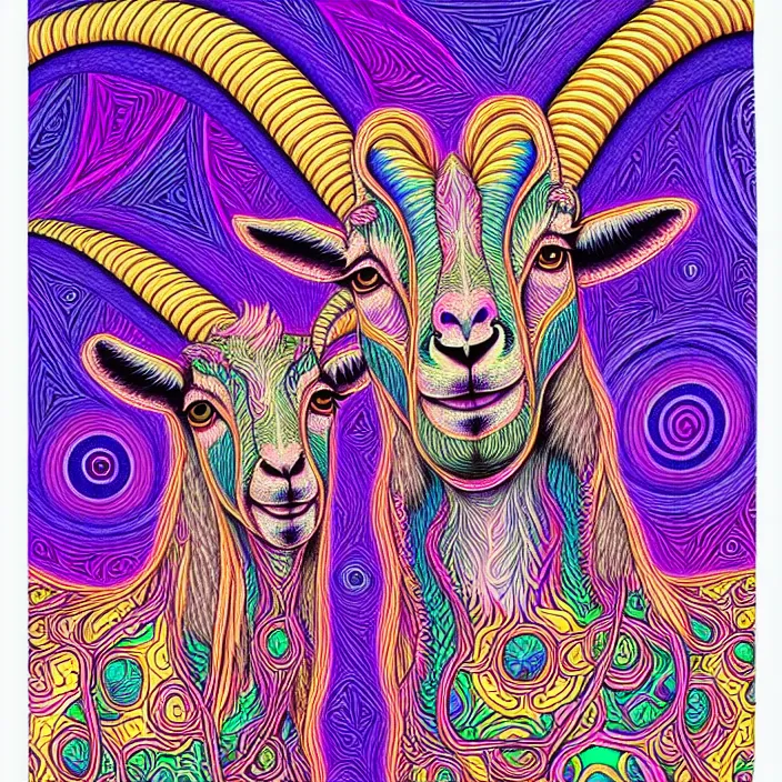 Image similar to psychedelic goats, by alex grey, intricate details, artstation, furry, beautiful