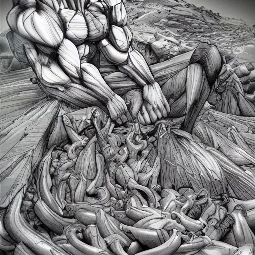 Image similar to a crawling mountain of muscles, highly detailed, anime, pale colors, award winning pictures, by studio mappa, by studio wit