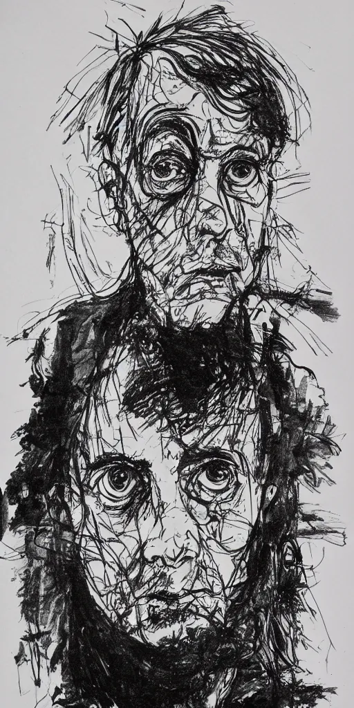 Image similar to a loose wild messy ink sketch portrait of a self portrait in the style of ralph steadman, caricature, dramatic