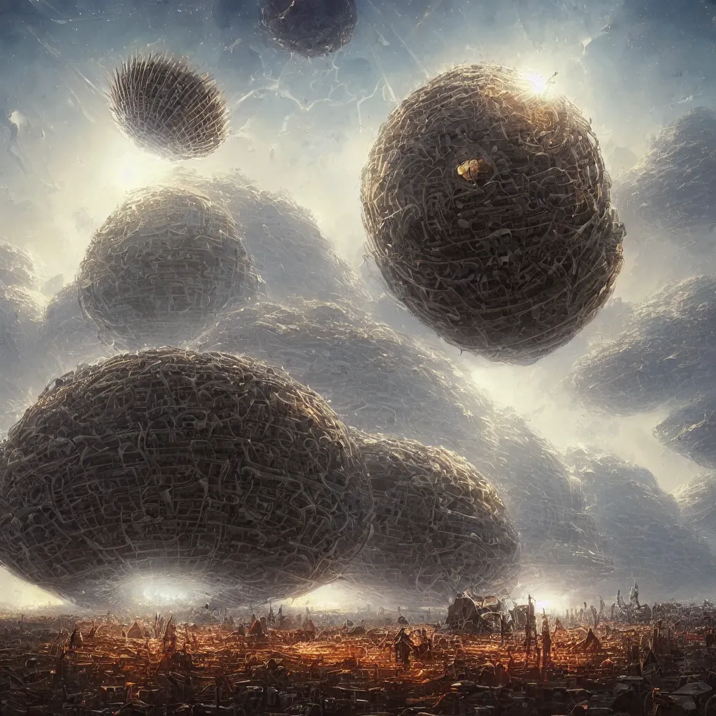 Image similar to extremely beautiful high detailed long portrait of dyson sphere program, by greg rutkowski, by rhads, by jesper ejsing, so many wires, sharp focus, man standing, colony, atom, crowd, city, cuber punk, ant colony