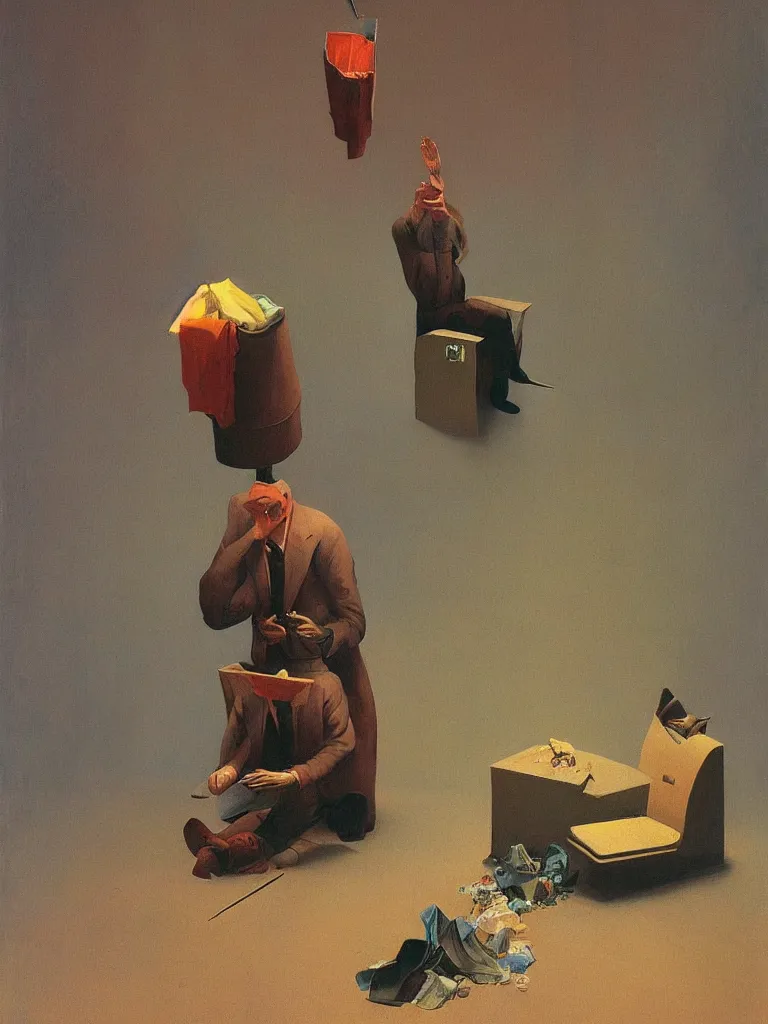 Image similar to magician with a trash over his head praying to a trash bin Edward Hopper and James Gilleard, Zdzislaw Beksinski highly detailed