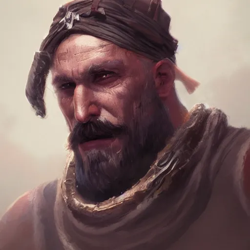 Prompt: portrait old vice barbarian warrior with trucker mustache and bandana, 8 k, trending on art station, by tooth wu and greg rutkowski