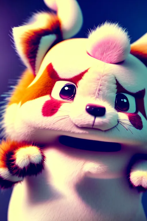 Image similar to high quality 3 d render hyperrealist fluffy very cute pastel grumpy dragon & red panda hybrid eating cheese, vray smooth, in the style of detective pikachu, very dramatic light, low angle, uhd 8 k, shallow depth or field