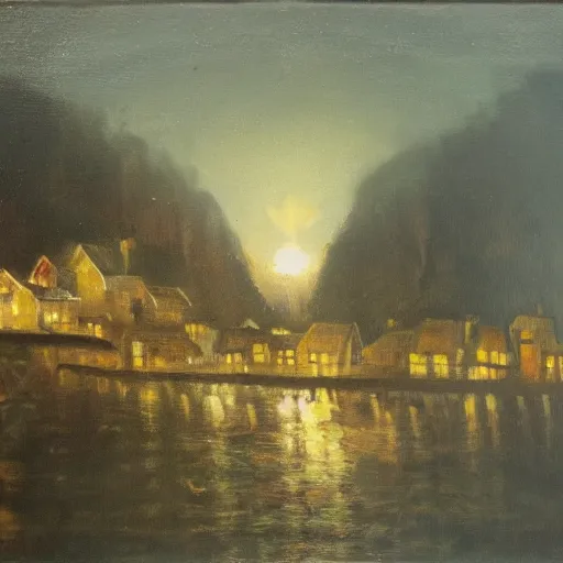 Image similar to a lamplit village on the coast of a lake, deep underground oil on canvas