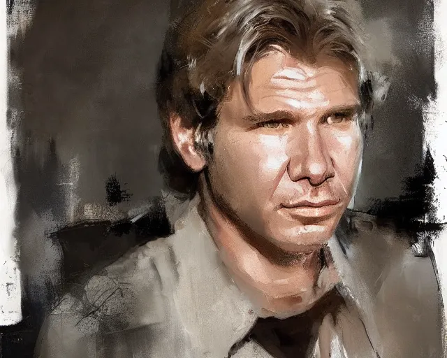 Image similar to portrait of young han solo young harrison ford in shades of grey but with brown by jeremy mann