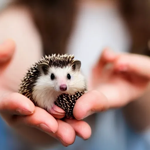 Image similar to a close up photo of a girl holding a baby hedgehog in her hand with the hedgehog upside down, real photo, real camera, dslr, intricate quality, 8 k