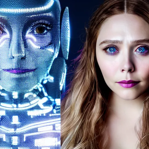 Image similar to beautiful centered Fine art photo portrait of enraptured Elizabeth Olsen as a solarpunk robotic humanoid, white mechanical parts with led lights, photorealistic, white background, highly detailed and intricate, sunset lighting, HDR 8k