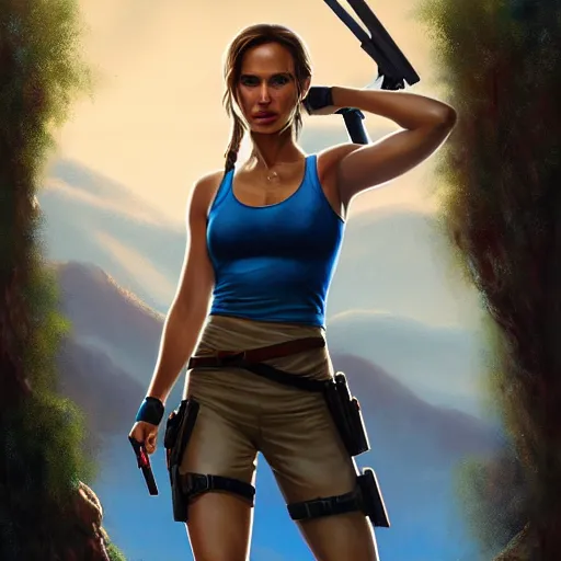 Image similar to Portrait of Natalie Portman as Lara Croft wearing a blue skater dress, Tomb Raider, Alicia Vikander, beautiful, 4k oil on linen by wlop, artgerm, andrei riabovitchev, nuri iyem, james gurney, james jean, greg rutkowski, highly detailed, soft lighting 8k resolution