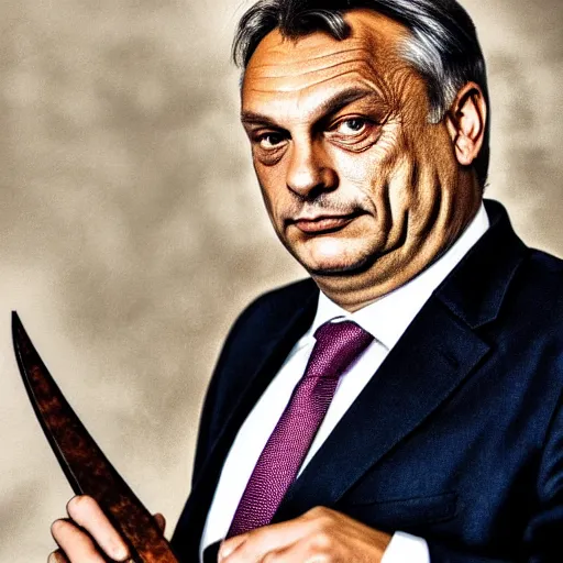 Prompt: Viktor orban holding a sword, photo, high detail, high quality,