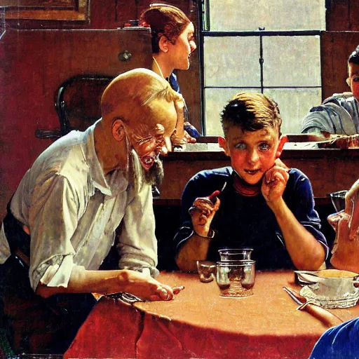 Image similar to Three students talking at a table artwork by Norman Rockwell