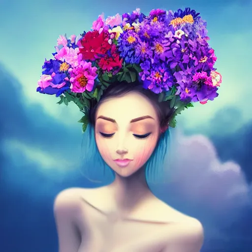 Prompt: a photography of a dreaming woman with flowers grow out of hair, roses peonies forget-me-nots dahlias lupins gladioli, sky theme in background, Digital Art, Trending on artstation
