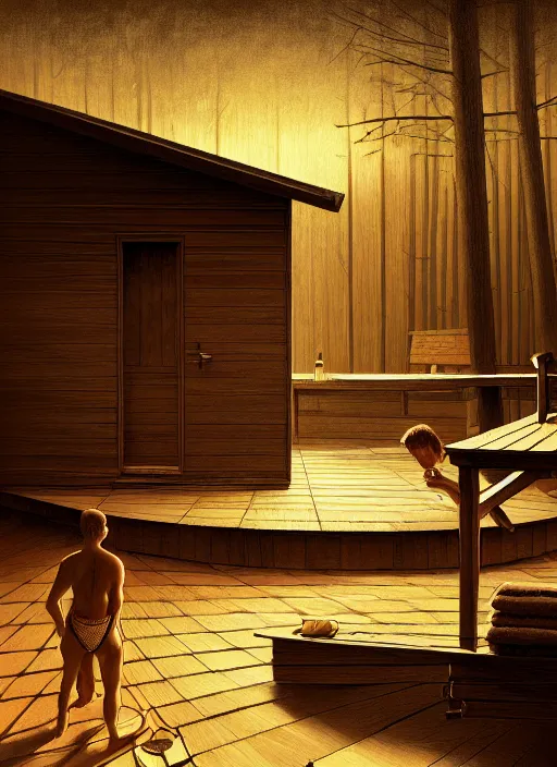 Prompt: finnish sauna, backround dark, highly detailed, digital illustration, trending in artstation, modern painting, smooth, sharp focus, intricate, einar jonsson, ilya repin