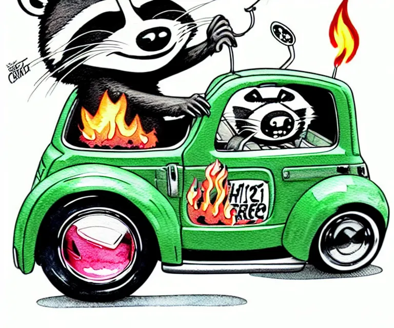 Prompt: cute and funny, racoon wearing a helmet with tiny flame stickers on it riding in a tiny hot rod coupe with oversized engine, ratfink style by ed roth, centered award winning watercolor pen illustration, isometric illustration by chihiro iwasaki, edited by range murata