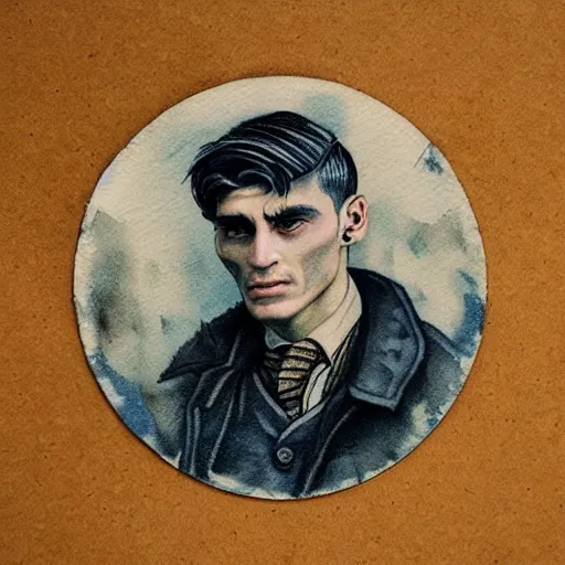 Image similar to a tattoo of thomas shelby, color restoration, sketch, watercolor, only his face in a round frame, dotted