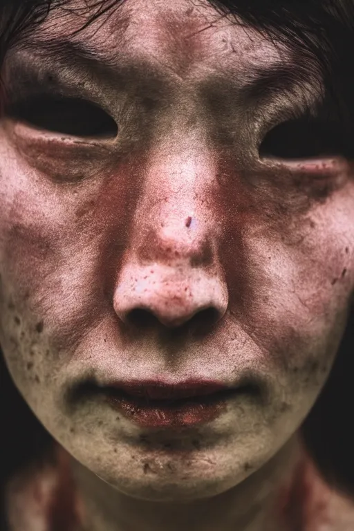 Image similar to close up portrait of butoh dancer, realistic detailed photography, 50mm lens