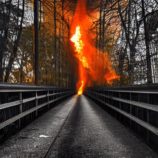 Image similar to Long bridge to hell, dslr, hyper realistic, photojournalism, scary, firey, disturbing