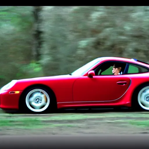Image similar to screenshot of Ferris Bueller's Day Off Ferris driving red 997 GT2 Widowmaker