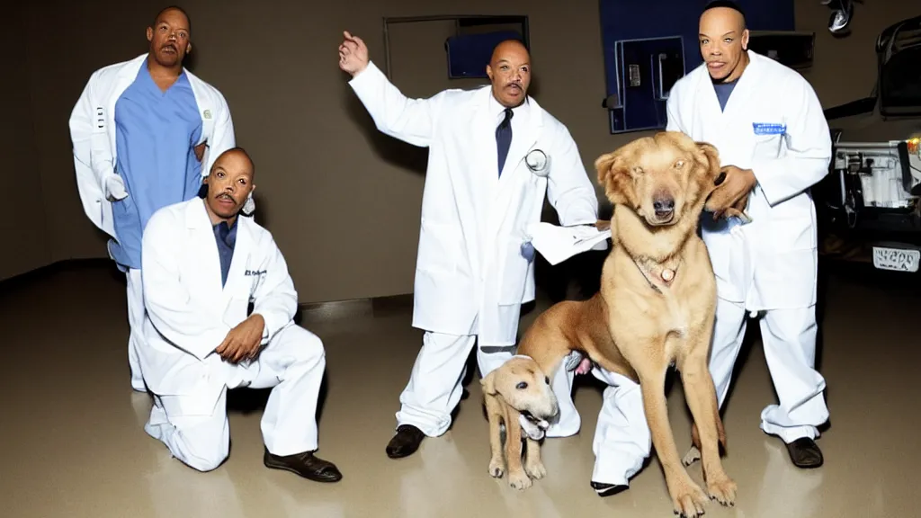 Image similar to Dr. Dre in surgeon scrubs in an emergency room, treating Snoop Dogg and his dog.