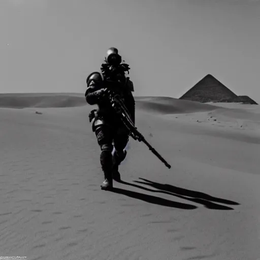 Image similar to a heavily armored man wearing a gasmask, walking over sand dunes, pyramid in background, film still, arriflex 3 5