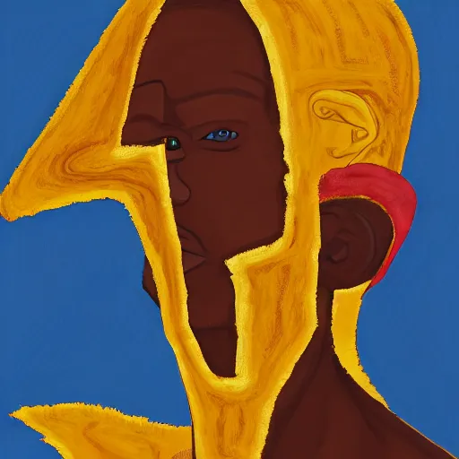 Prompt: a professionally painted african male model , clothed in ancient, gold dark skin, deep reddish gold hair, beautiful bone structure, big symmetrical scar features, stunningly, beautiful, intricate, elegant, digital painting, smooth, sharp focus, illustration, made by, Jacob Lawrence, Sam Gilliam, Edmonia Lewis, Jean-Michel Basquiat, Henry Taylor