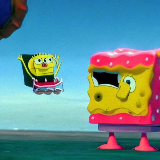 Image similar to close up of bikini bottom and spongebob, cinematographic shot,