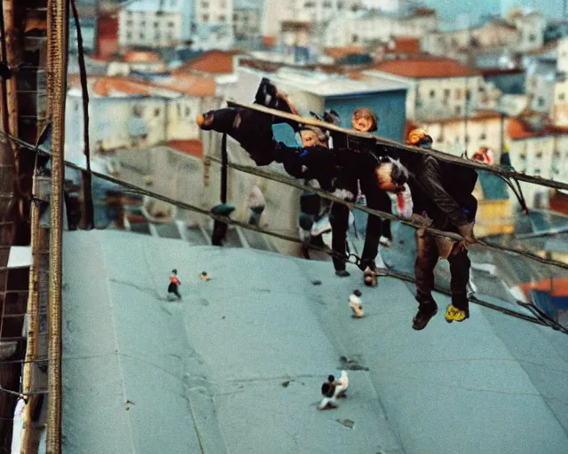 Image similar to lomo photo of roofjumpers climbing on roof of soviet hrushevka, small town, cinestill, bokeh, out of focus