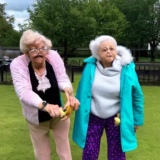 Prompt: went to the park and saw my nan eating a banana with elvis presley they were dancing on ice