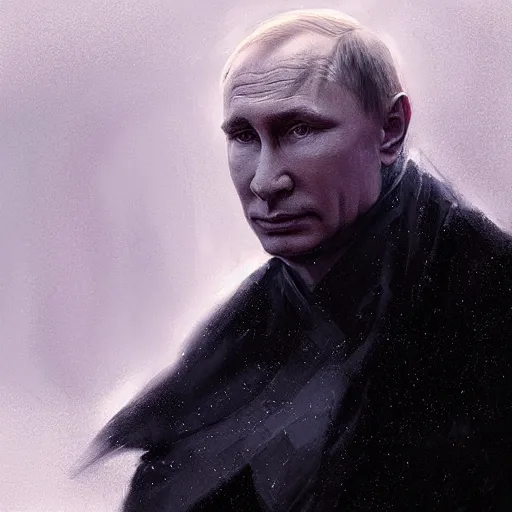 Image similar to portrait of Putin in a black cloak, glowing eyes, detailed face, highly detailed, cinematic lighting, digital art painting by greg rutkowski.