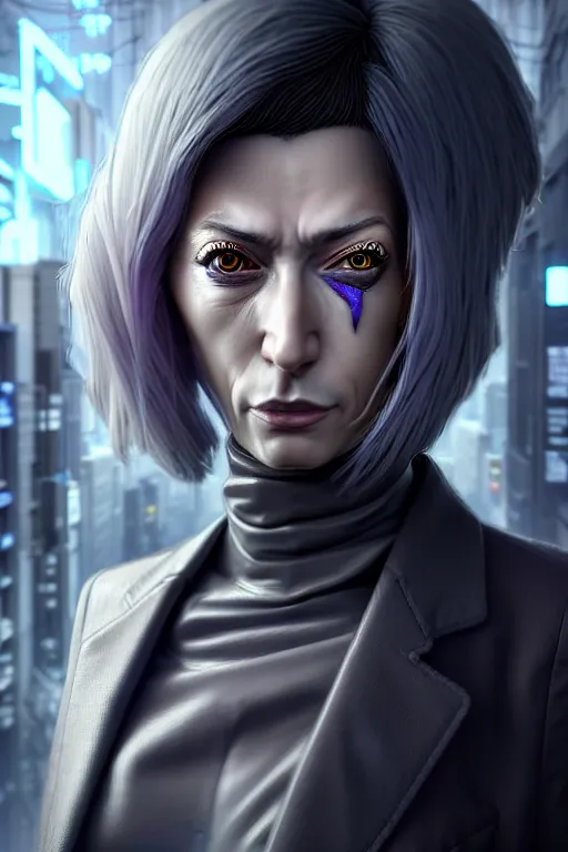 Prompt: hyperdetailed very close portrait of a european fourty years old skinny woman with grey eyes in a fabric suit with a pin in a cyberpunk city inspired by ross tran and wlop and masamune shirow and kuvshinov, concept art, intricate, photorealistic, octane render, rtx, hdr, unreal engine, dnd digital art by artgerm