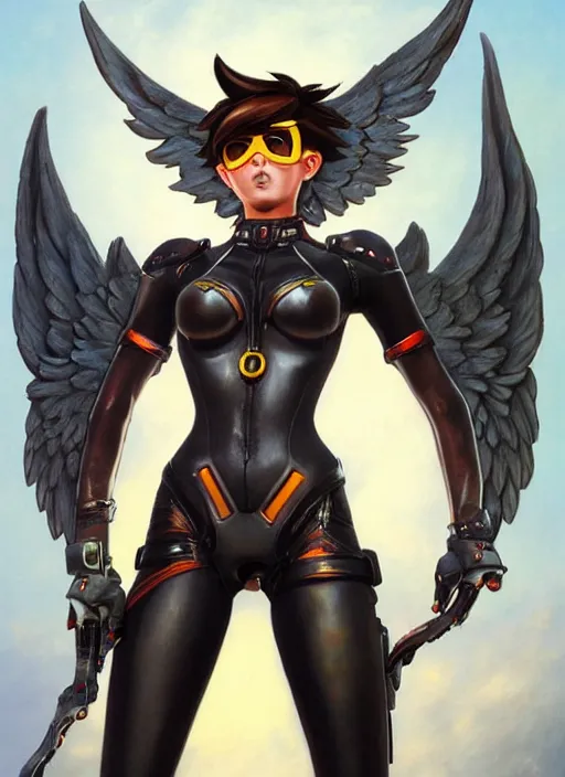 Image similar to full body artwork of tracer overwatch, wearing leather collar, in style of zdzisław beksinski, angel wings, dramatic painting, symmetrical composition, wearing detailed leather collar, black shiny armor, chains, black harness, detailed face and eyes,