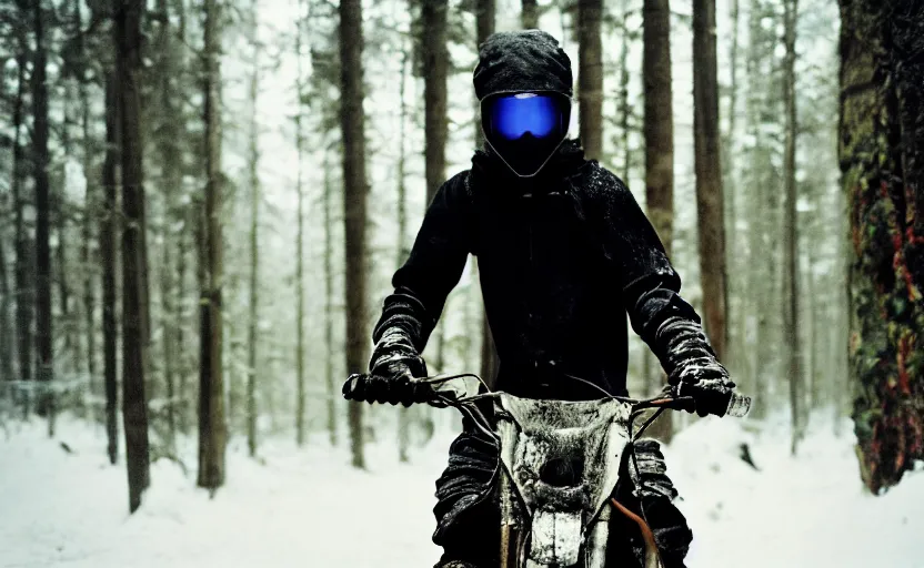 Prompt: cinestill 5 0 d candid photographic portrait by helen levitt of a mixed teen wearing rugged black mesh techwear riding on a dirtbike through a deep forest, extreme closeup, modern cyberpunk moody emotional cinematic, snow storm, 8 k, hd, high resolution, 3 5 mm, f / 3 2, ultra realistic faces, ex machina