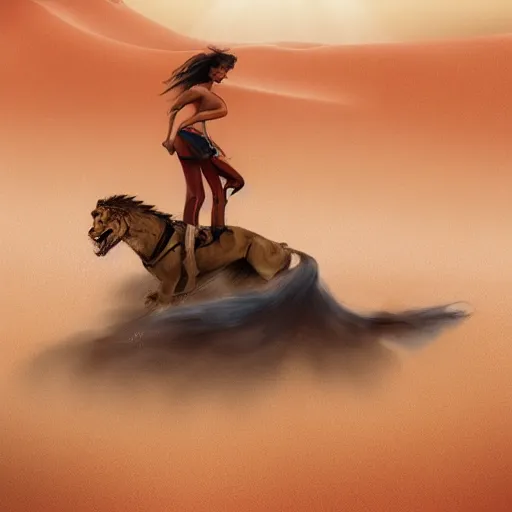 Prompt: girl riding a giant lion in the Sahara, trending on artstation