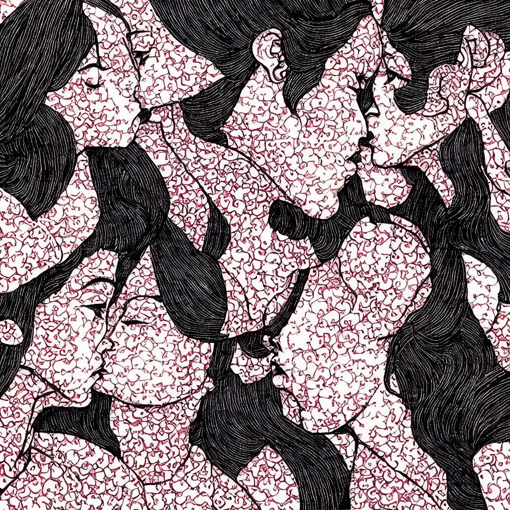 Image similar to close - up of two women made of patterns kissing each other, manga art by araki, jojo's bizarre adventure key visual