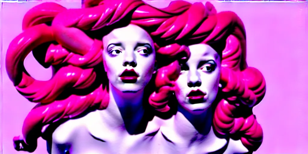 Image similar to modern sculpture, young woman as medusa as miranda sings, multiple poses, vaporwave, low resolution video from 2 0 0 3