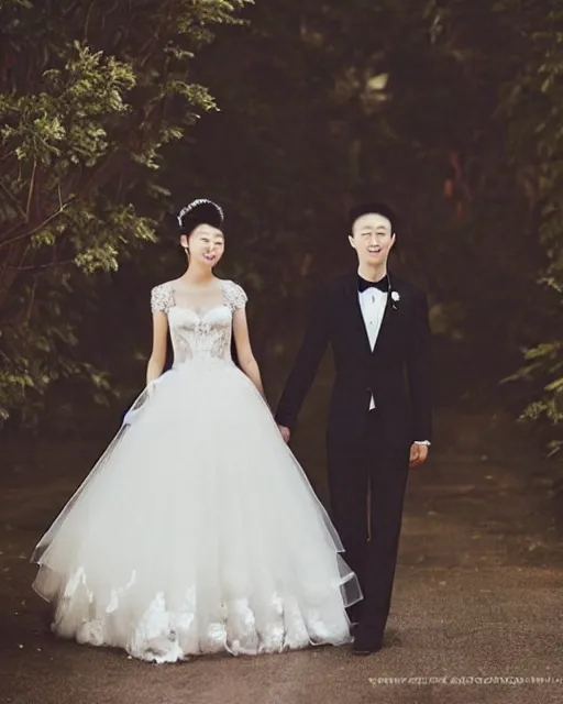 Image similar to justin sun wearing beautiful wedding dress, kawaii, professional wedding photography