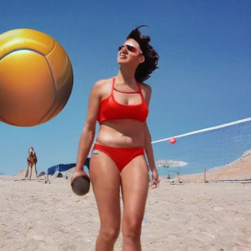 Image similar to can we get aliens playing volleyball in bikinis on one of jupiter's moons