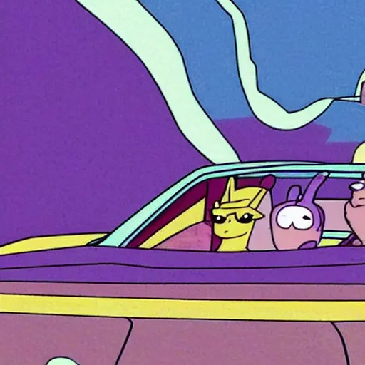 Prompt: thanos and louise belcher driving a convertible off a cliff, grainy 1 9 9 1 vhs tape, dramatic movie scene, very realistic