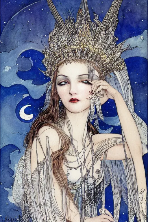 Image similar to detailed portrait of a woman with a bat wing crown, night sky moon background, art by luis royo and walter crane and kay nielsen, watercolor illustration,