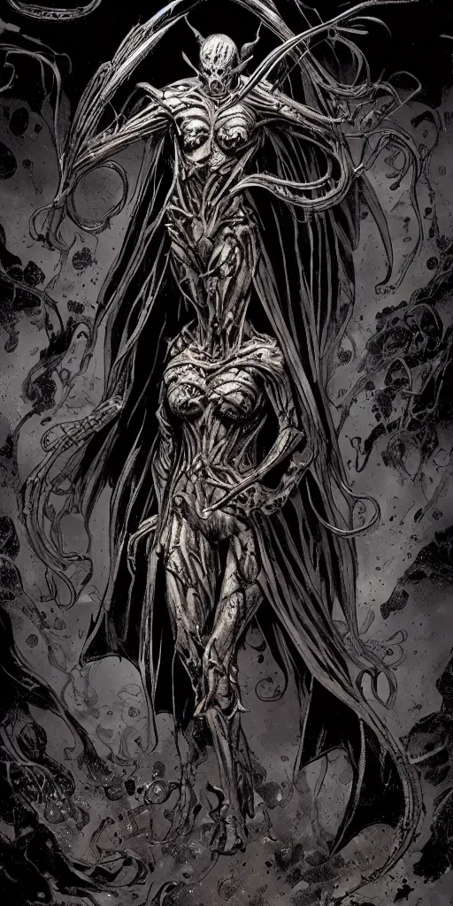 Prompt: A full body portrait of a new antihero character art by Marc Silvestri, Cedric Peyravernay and H.R. Giger, cosmic horror, ominous, mysterious