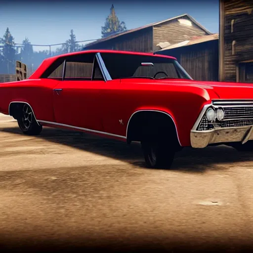 Prompt: 4 door 1 9 6 7 chevrolet impala painted black, in red dead redemption 2