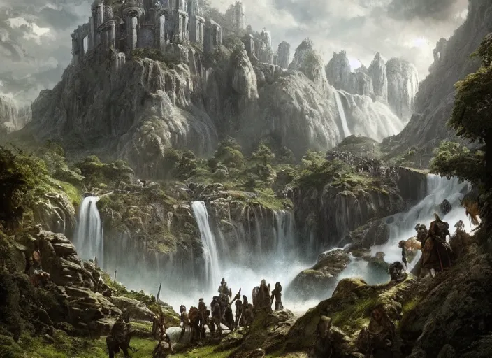 Image similar to medieval adventurers in the shire scenery landscape, lord of the rings, enormous waterfall ruins, rule of thirds, highly detailed, perfect lighting, perfect composition, 4 k, artgerm, derek zabrocki, greg rutkowski