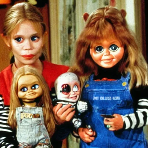 Image similar to the olsen twins from full house holding chucky the evil killer doll from the movie child's play on an episode of full house