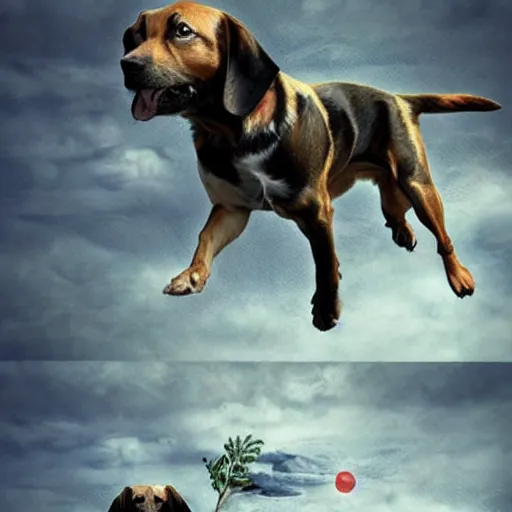 Prompt: a dog's dream, creative photo manipulation, photoshop, digital art