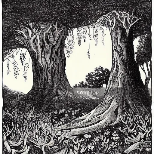 Prompt: 19th century wood-engraving , whole page illustration , art in the style of Terry Moore, a tiny village carved into the side of a tree, inhabited by elves and faeries, the outside lights are bioluminescent mushrooms and fungi intricately detailed