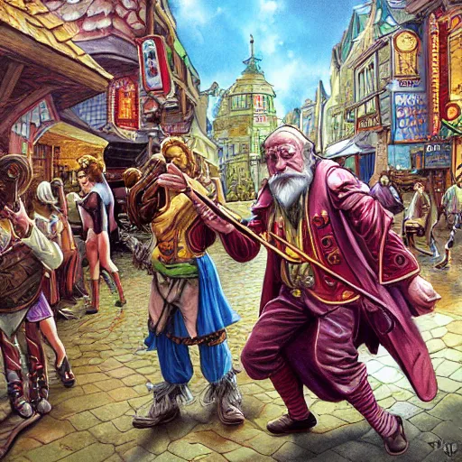 Prompt: Travelling bard wandering the town, by Joe Jusko